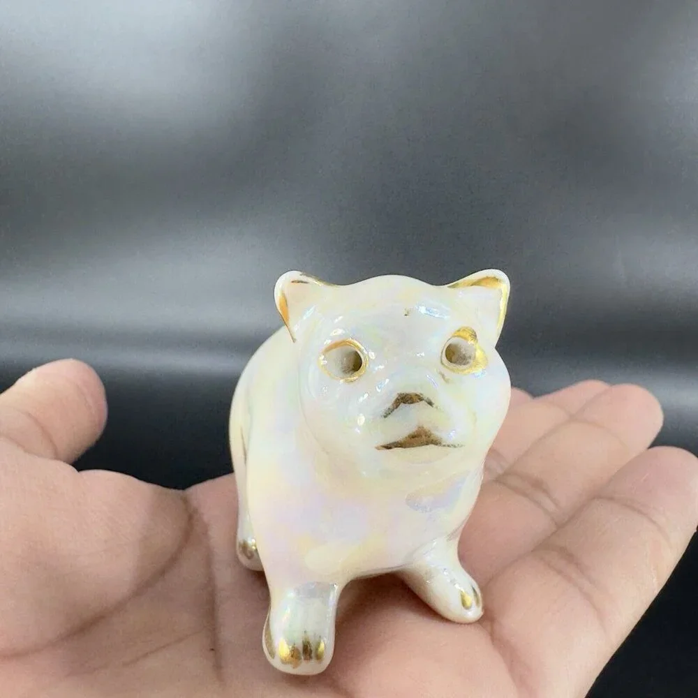 Vintage 1980s Ceramic Porcelain Luster Ware Iridescent Finish Kitty Cat Figurine